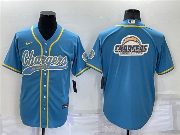 Men's Los Angeles Chargers Blue Team Big Logo With Patch Cool Base Stitched Baseball Jersey - Click Image to Close